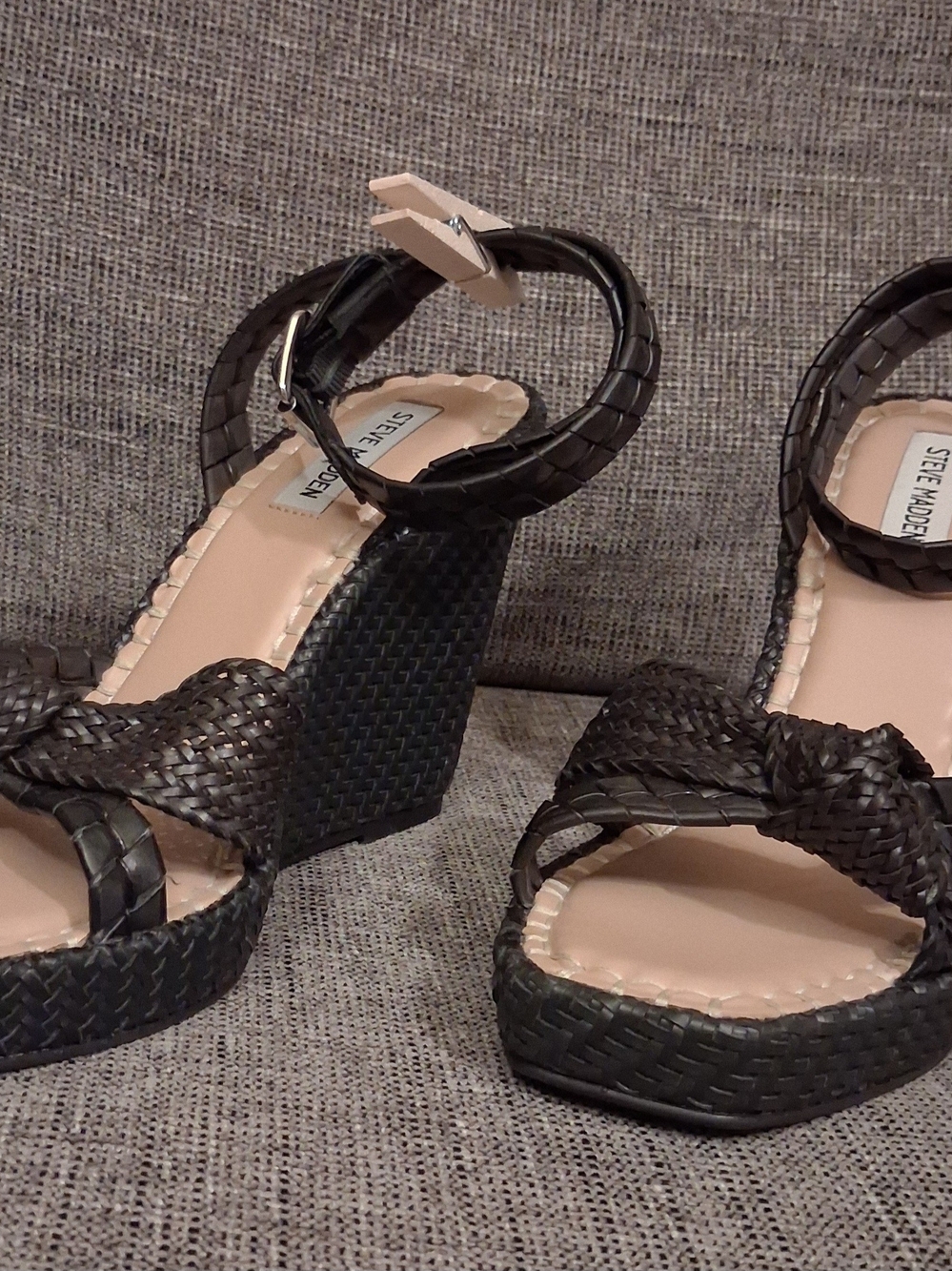 Steve Madden Black Woven Platform Wedge Sandals with Ankle Strap